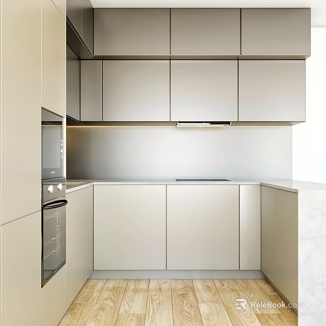 Elegant Modern Kitchen Interior With Light Colored Cabinets And Integrated Appliances 3d model 