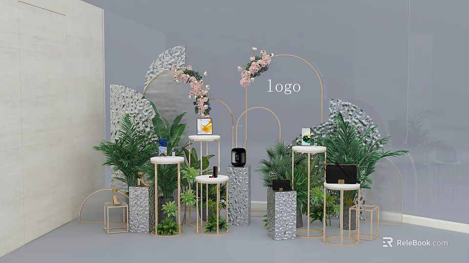 Modern Interactive Zone With Arc Frame Pink Flowers Green Plants Display Stands Logo And Stools 3d model