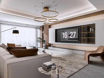 Modern Light Luxury Living Room With Circular Chandelier Comfortable Sofa And Unique TV Wall Design 3d model