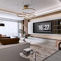 Modern Light Luxury Living Room With Circular Chandelier Comfortable Sofa And Unique TV Wall Design