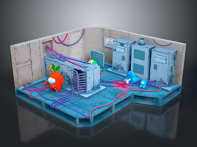 Commercial Equipment Setup In Server Room With Red And Purple Wiring Layout And Multiple Units 3d model