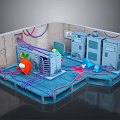 Commercial Equipment Setup In Server Room With Red And Purple Wiring Layout And Multiple Units