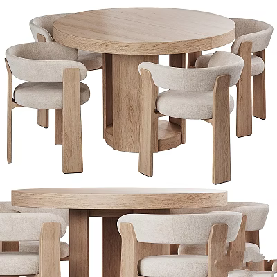 Modern Minimalist Round Wooden Dining Table and Chairs Set with Upholstered Seats and Armrests 3d model