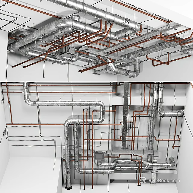 Industrial Ceiling With Metal And Red Pipes Against White Wall Design 3d model 