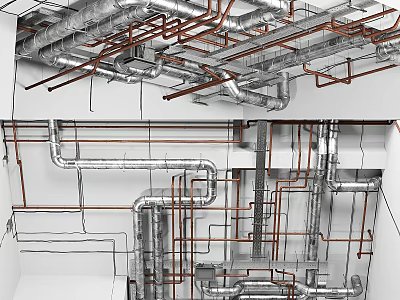 Industrial Ceiling With Metal And Red Pipes Against White Wall Design 3d model
