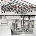 Industrial Ceiling With Metal And Red Pipes Against White Wall Design