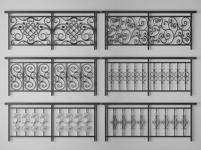 Ornate Wrought Iron Railings With Various Black Metal Decorative Patterns And Designs 3d model