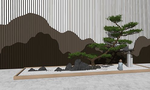 New Chinese style landscape sketch pine grid landscape wall 3d model