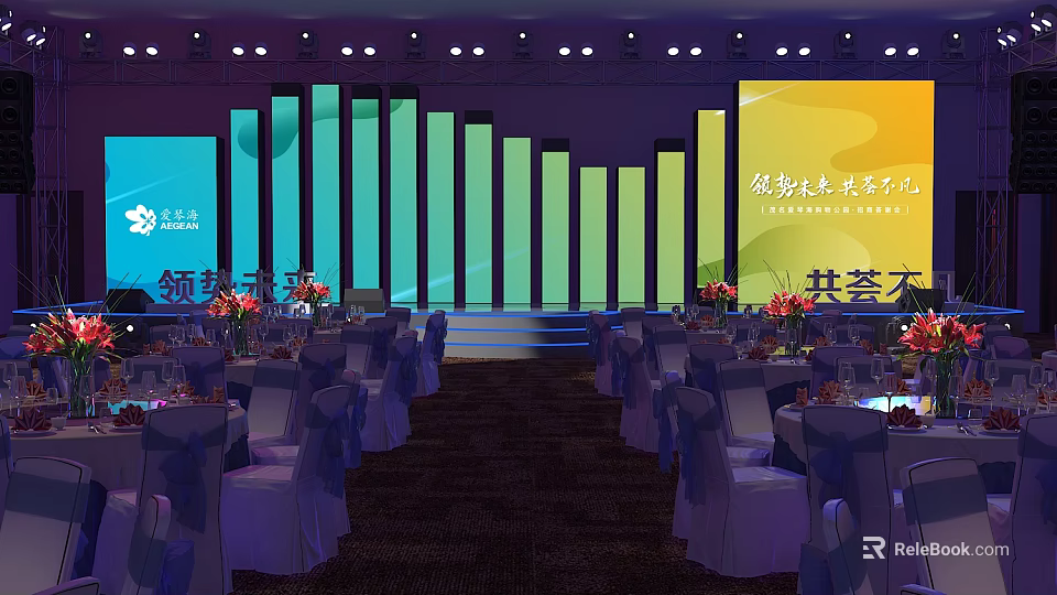 Professional Conference Hall Setup With Themed Stage Seats Banners And Prosperity Theme 3d model 