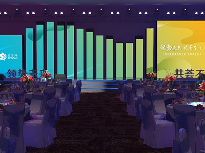 Professional Conference Hall Setup With Themed Stage Seats Banners And Prosperity Theme 3d model