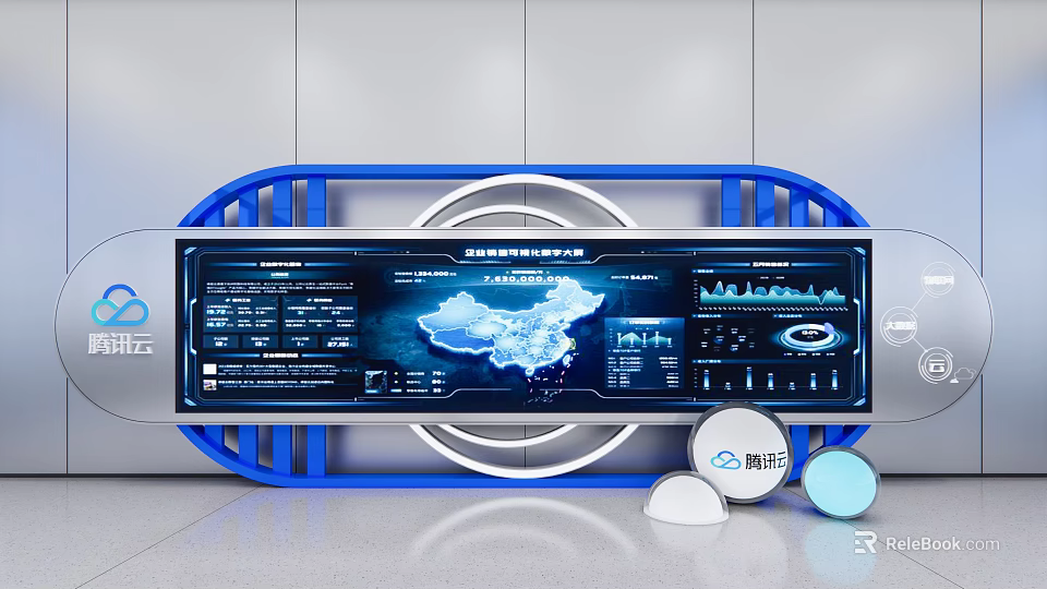Modern Technology Exhibition Hall Featuring Large Digital Screen Displaying China Map And Data Visualization Charts 3d model