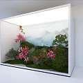 Indoor Living Plant Wall with Pink Flowers and Green Plants in Mountain Landscape