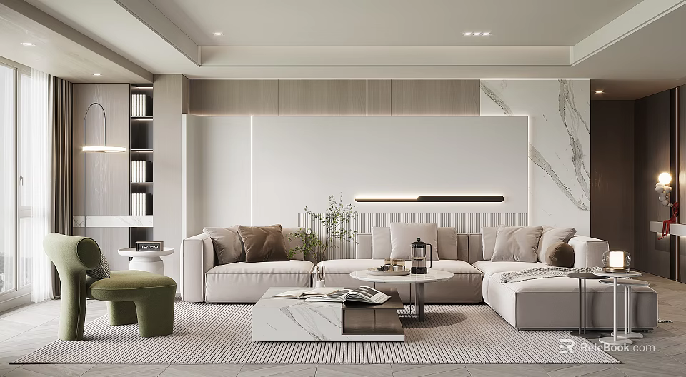 Modern Minimalist Living Room Interior With Beige Sofa Marble Coffee Table And Potted Plant 3d model 