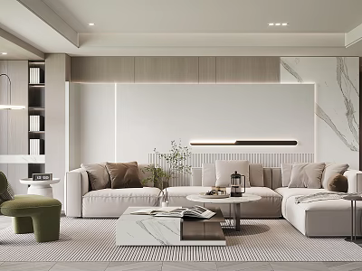 Modern Minimalist Living Room Interior With Beige Sofa Marble Coffee Table And Potted Plant 3d model