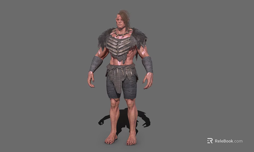 Muscular Game Movie Character With Fur Shoulder Armor Bare Chest Arm Wristbands Short Pants Barefoot 3d model 
