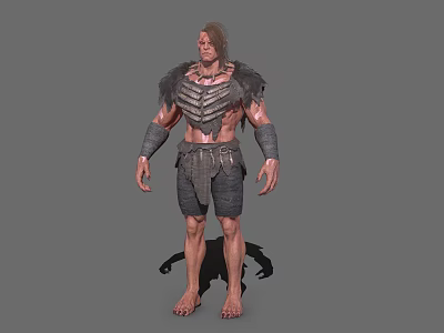 Muscular Game Movie Character With Fur Shoulder Armor Bare Chest Arm Wristbands Short Pants Barefoot 3d model