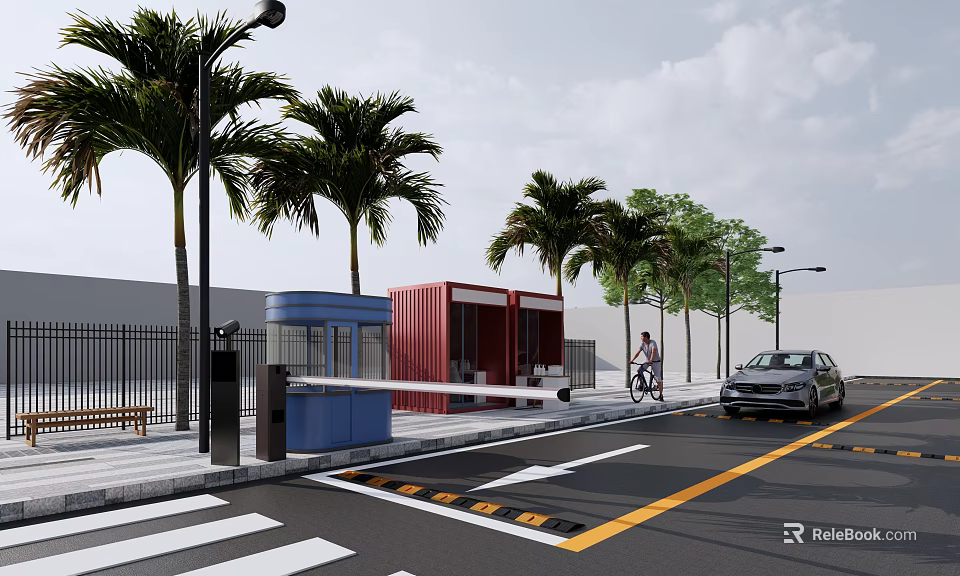 Urban Street Scene With Palm Trees Container Cabins Cyclist Car And Street Lamps 3d model 