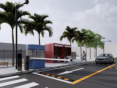 Urban Street Scene With Palm Trees Container Cabins Cyclist Car And Street Lamps 3d model