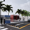 Urban Street Scene With Palm Trees Container Cabins Cyclist Car And Street Lamps