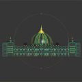 3D Architectural Model Featuring Green And Gold Central Dome With Smaller Domes And Arched Designs