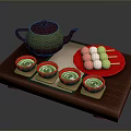 Japanese Tea Serving Set With Green Teapot Matcha Cups Colorful Dango Skewers On Wooden Tray