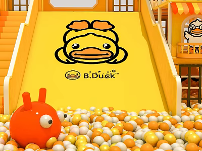 Fun Kids Playground Equipment Yellow Slide Featuring B.Duck Cartoon And Colorful Ball Pit 3d model