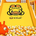 Fun Kids Playground Equipment Yellow Slide Featuring B.Duck Cartoon And Colorful Ball Pit