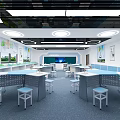 Modern Science Classroom Interior With Lab Tables Stools Wall Decorations And Ceiling Lights 3d model