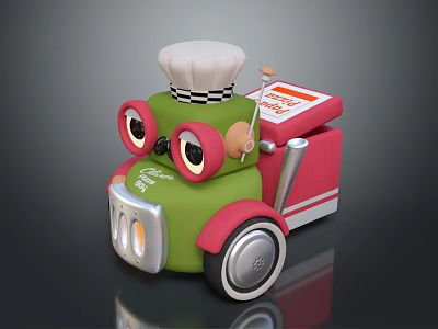 Cartoon Food Truck With Chef Hat Big Eyes Green Red Design 3d model