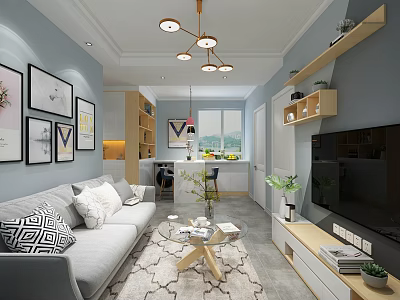Modern Living Room Interior With Light Blue Walls Gray Sofa And Decorative Paintings 3d model