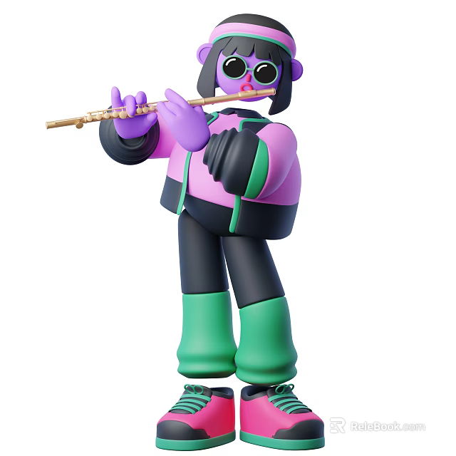 Cartoon Man in Purple Green Outfit Playing Flute With Sunglasses 3d model 