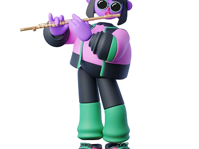 Cartoon Man in Purple Green Outfit Playing Flute With Sunglasses 3d model