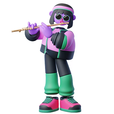 Cartoon Man in Purple Green Outfit Playing Flute With Sunglasses 3d model