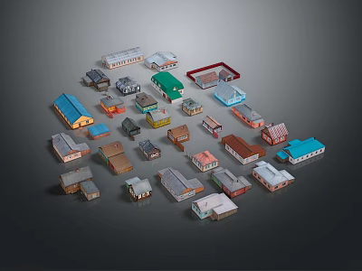 Small Building Models In Various Styles And Different Colors Arranged In Circle 3d model