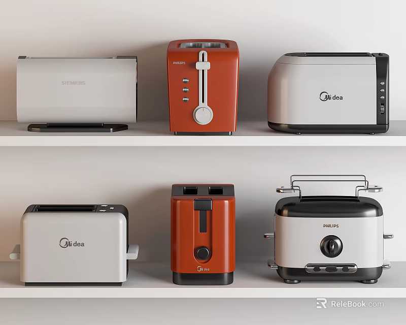 Kitchen Appliances Display of Various Toasters in Different Colors on White Shelves 3d model 