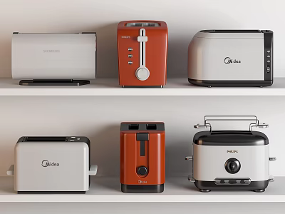 Kitchen Appliances Display of Various Toasters in Different Colors on White Shelves 3d model