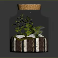 Decorative Ceramic Jar with Cork Lid Green Plants White Stones and Brown White Stripes