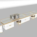 Modern White And Gold Display Shelves With Glass Cases And Matching Chairs
