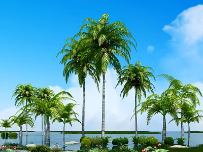 Tall Palm Trees Standing By Water Surface Under Blue Sky With White Clouds 3d model