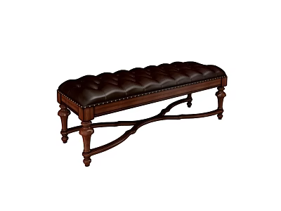Classic Tufted Leather Bed Bench With Wooden Legs And Decorative Details 3d model