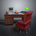 Wooden Office Desk With Vintage Computer Green Lamp Red Chair And Drawers