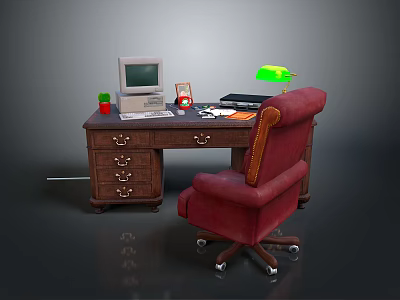Wooden Office Desk With Vintage Computer Green Lamp Red Chair And Drawers 3d model