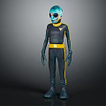 Sci Fi Alien Character With Blue Head Large Goggles Black Bodysuit Yellow Belt And Stripes