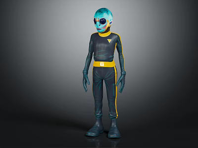 Sci Fi Alien Character With Blue Head Large Goggles Black Bodysuit Yellow Belt And Stripes 3d model