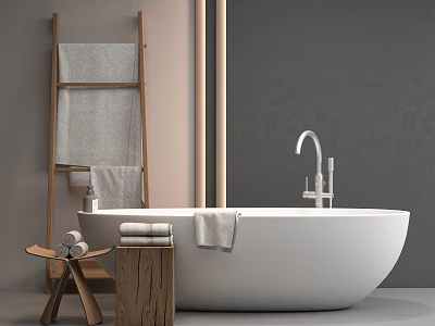 White Freestanding Bathtub With Wooden Ladder Towels Stool Silver Faucet And Gray Wall 3d model