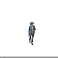 A Woman Standing in Blue Polka Dot Shirt White Undershirt Jeans Boots on Gray Background