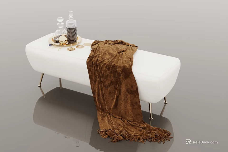Modern White Sofa Bench With Brown Blanket Decorative Items On Metal Legs 3d model 