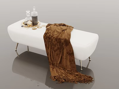 Modern White Sofa Bench With Brown Blanket Decorative Items On Metal Legs 3d model