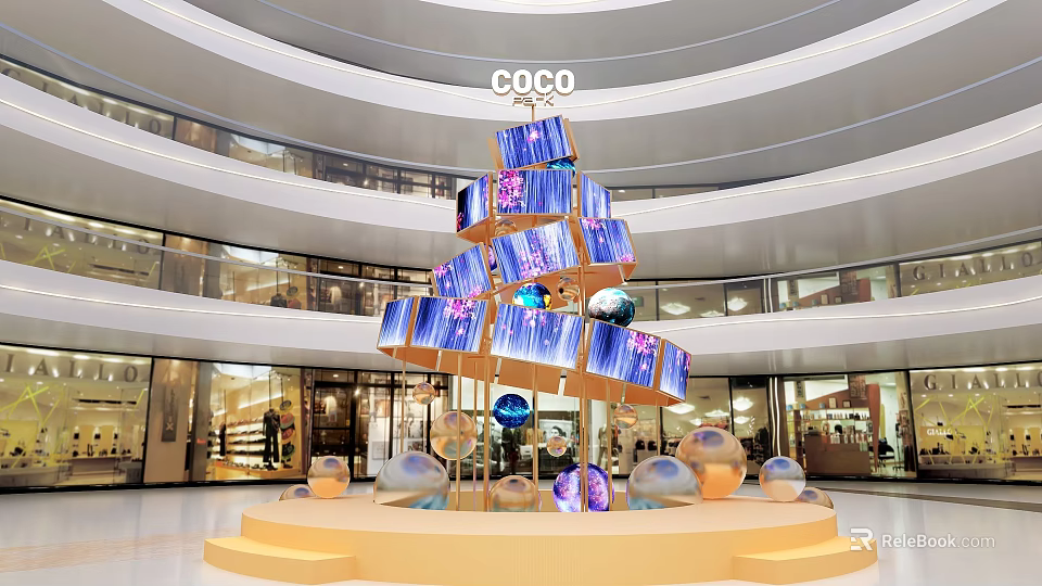 COCO Decorative Installation In Shopping Mall With Multi Layered Screens And Spherical Ornaments 3d model 