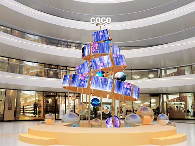 COCO Decorative Installation In Shopping Mall With Multi Layered Screens And Spherical Ornaments 3d model